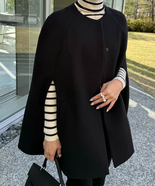 ran - ノーカラーケープコート made in INTER FACTORY（ポンチョ