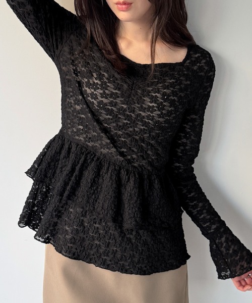 junoah（ジュノア）の「カットレースペプラムトップス（Tシャツ/カットソー・レディース・ブラウン/アイボリー/ブラック・SMALL/LARGE/MEDIUM）」の9枚目の写真