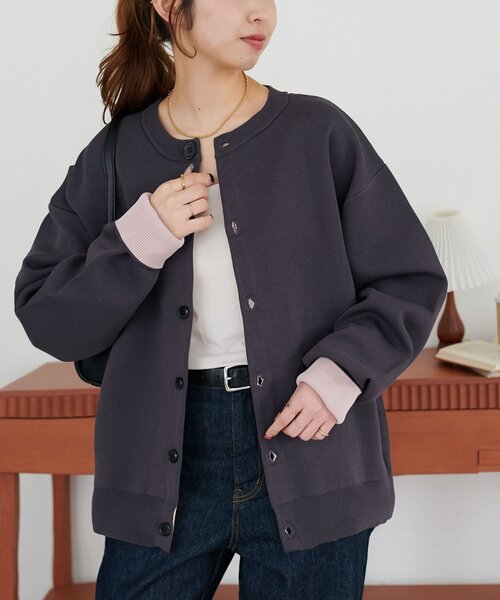 DISCOAT（ディスコート）の「【Enlude】スウェットライク配色クルーカーディガン（カーディガン/ボレロ・レディース・ネイビー/チャコールグレー/グレー/レッド/ベージュ・FREE）」の2枚目の写真