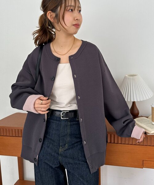 DISCOAT（ディスコート）の「【Enlude】スウェットライク配色クルーカーディガン（カーディガン/ボレロ・レディース・ネイビー/チャコールグレー/グレー/レッド/ベージュ・FREE）」の8枚目の写真