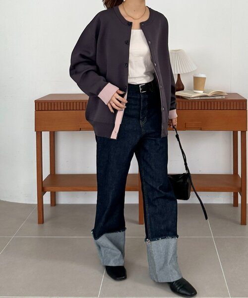 DISCOAT（ディスコート）の「【Enlude】スウェットライク配色クルーカーディガン（カーディガン/ボレロ・レディース・ネイビー/チャコールグレー/グレー/レッド/ベージュ・FREE）」の14枚目の写真