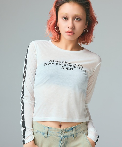 X-girl（エックスガール）の「STAR STRIPED SLEEVE SHEER L/S TOP（Tシャツ/カットソー・レディース・ブラック/ホワイト・ONE SIZE）」の2枚目の写真