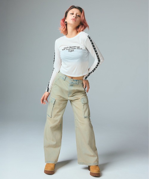 X-girl（エックスガール）の「STAR STRIPED SLEEVE SHEER L/S TOP（Tシャツ/カットソー・レディース・ブラック/ホワイト・ONE SIZE）」の4枚目の写真