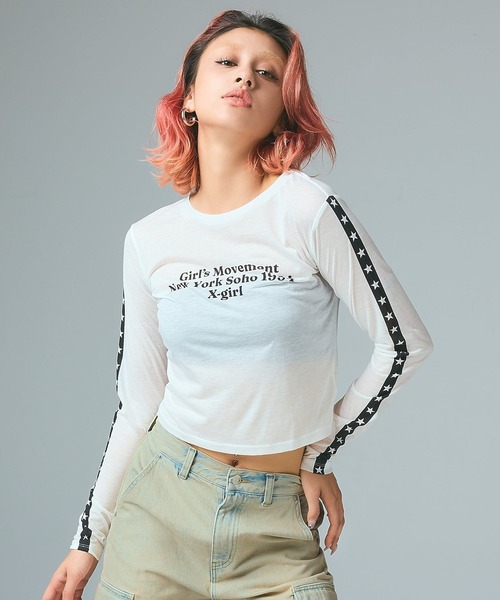 X-girl（エックスガール）の「STAR STRIPED SLEEVE SHEER L/S TOP（Tシャツ/カットソー・レディース・ブラック/ホワイト・ONE SIZE）」の3枚目の写真