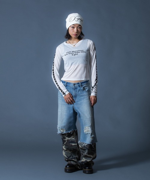 X-girl（エックスガール）の「STAR STRIPED SLEEVE SHEER L/S TOP（Tシャツ/カットソー・レディース・ブラック/ホワイト・ONE SIZE）」の17枚目の写真