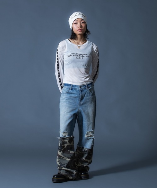 X-girl（エックスガール）の「STAR STRIPED SLEEVE SHEER L/S TOP（Tシャツ/カットソー・レディース・ブラック/ホワイト・ONE SIZE）」の16枚目の写真