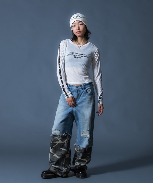 X-girl（エックスガール）の「STAR STRIPED SLEEVE SHEER L/S TOP（Tシャツ/カットソー・レディース・ブラック/ホワイト・ONE SIZE）」の15枚目の写真