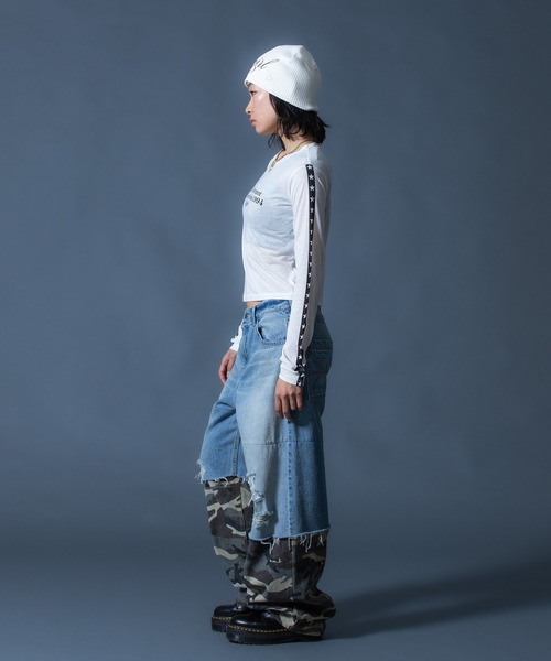 X-girl（エックスガール）の「STAR STRIPED SLEEVE SHEER L/S TOP（Tシャツ/カットソー・レディース・ブラック/ホワイト・ONE SIZE）」の13枚目の写真