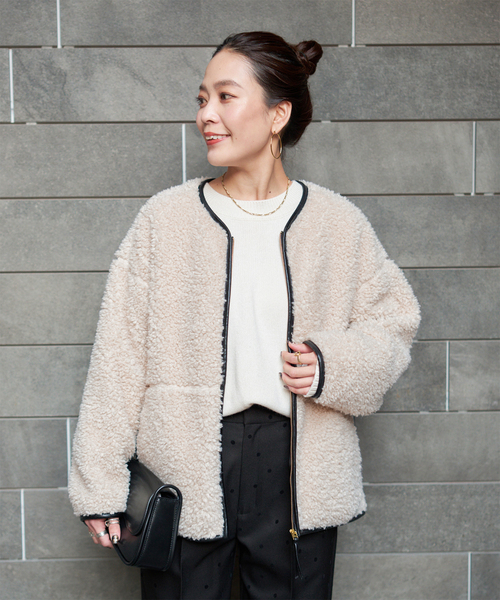 B.C STOCK（ベーセーストック）の「《追加》《S/Mサイズ展開》ボアパイピングブルゾン2（ブルゾン・レディース・アイボリー/ブラック・MEDIUM/SMALL）」の2枚目の写真