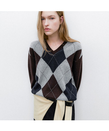 WOOL BLENDED ARGYLE V-NECK KNIT(T-7104)