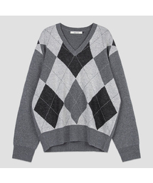WOOL BLENDED ARGYLE V-NECK KNIT(T-7104)