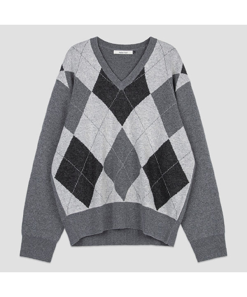 ATELIER NAIN(アトリエナイン)の「WOOL BLENDED ARGYLE V-NECK KNIT(T-7104)(ニット/セーター・レディース・ブラウン/グレー・FREE)」の2枚目の写真