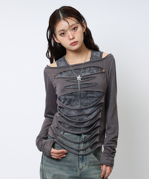 SPIRALGIRL(スパイラルガール)の「デザインアンサンブルトップス(Tシャツ/カットソー・レディース・グレー/ホワイト/ピンク・FREE)」の3枚目の写真