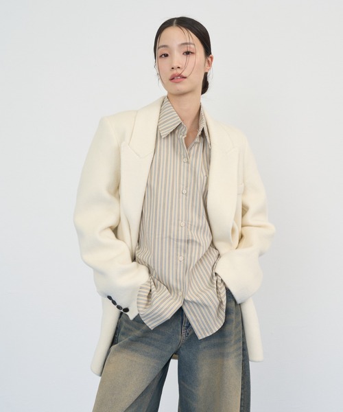NUJOH(ヌゾ)の「Soft Tailored Double Jacket / ソフトテーラードダブルジャケット(テーラードジャケット・レディース・ベージュ/グレー/アイボリー/ブラック・FREE)」の5枚目の写真