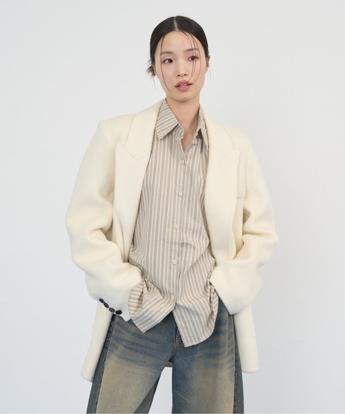 NUJOH(ヌゾ)の「Soft Tailored Double Jacket / ソフトテーラードダブルジャケット(テーラードジャケット・レディース・ベージュ/グレー/アイボリー/ブラック・FREE)」の7枚目の写真