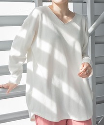 M-5L オーバーサイズ ワッフルVネックロンT 夏服