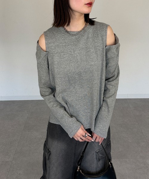 mellomela.（メロメラ）の「オープンショルダーロンT（Tシャツ/カットソー・レディース・ブラック/オフホワイト/杢グレー・M-L）」の3枚目の写真