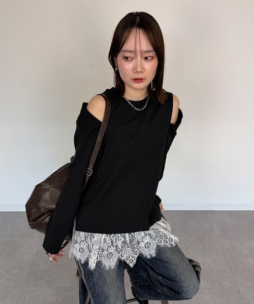 mellomela.（メロメラ）の「オープンショルダーロンT（Tシャツ/カットソー・レディース・ブラック/オフホワイト/杢グレー・M-L）」の7枚目の写真