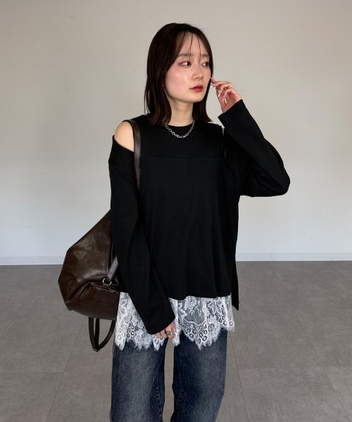 mellomela.（メロメラ）の「オープンショルダーロンT（Tシャツ/カットソー・レディース・ブラック/オフホワイト/杢グレー・M-L）」の8枚目の写真