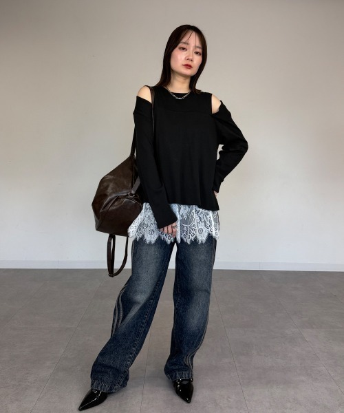 mellomela.（メロメラ）の「オープンショルダーロンT（Tシャツ/カットソー・レディース・ブラック/オフホワイト/杢グレー・M-L）」の16枚目の写真