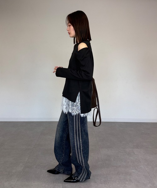 mellomela.（メロメラ）の「オープンショルダーロンT（Tシャツ/カットソー・レディース・ブラック/オフホワイト/杢グレー・M-L）」の17枚目の写真