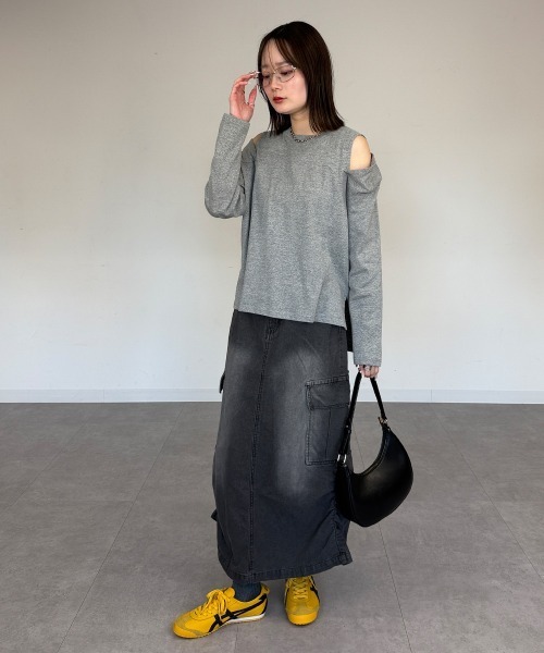 mellomela.（メロメラ）の「オープンショルダーロンT（Tシャツ/カットソー・レディース・ブラック/オフホワイト/杢グレー・M-L）」の19枚目の写真