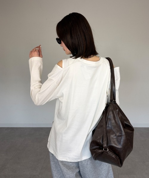 mellomela.（メロメラ）の「オープンショルダーロンT（Tシャツ/カットソー・レディース・ブラック/オフホワイト/杢グレー・M-L）」の6枚目の写真