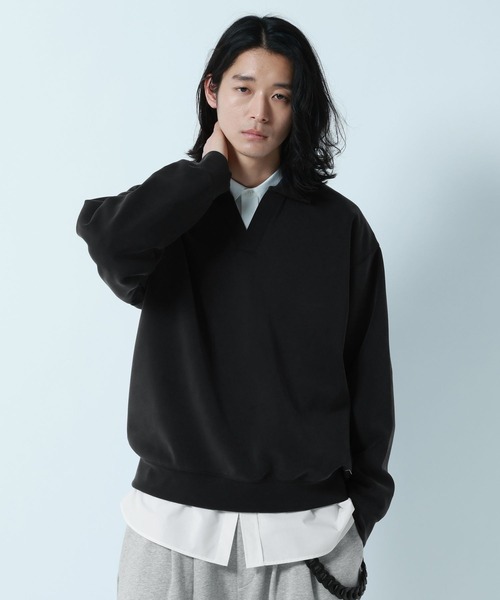 RAGEBLUE(レイジブルー)の「【LUXURY+EASY】DRAPE FABLIC SKIPPER DESIGN POLO SWEAT / ラグイージー/スキッパーポロスウェット(スウェット・メンズ・グレー系その他/ライトブルー/ブラック・LARGE/MEDIUM)」の1枚目の写真