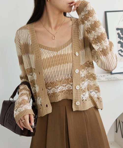 MAISON DE THERESE(メゾン ド テレーズ)の「2点セット 透け感ボーダーニットキャミソール/カーディガン(カーディガン/ボレロ・レディース・ブルー/ベージュ/ブラック・FREE)」の1枚目の写真