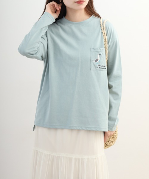 Quelle Chance（ケルシャンス）の「ポケット1ポイント刺繍プルオーバー　アオアシカツオドリ 長袖Tシャツ（Tシャツ/カットソー・レディース・キナリ/ミント/チャコールグレー・M/L）」の4枚目の写真