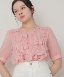 2026春夏新作 パウダーシフォンバー付きラッフル5分袖ブラウス