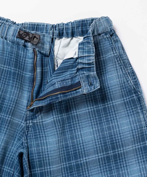 【極美品/美脚】パラディーゾ ラメ糸 チェック柄 サイドラインパンツ ブルー82 LAGOON SHORT DENIM PLAID / ラグーンショーツデニムプレイド Gramicci