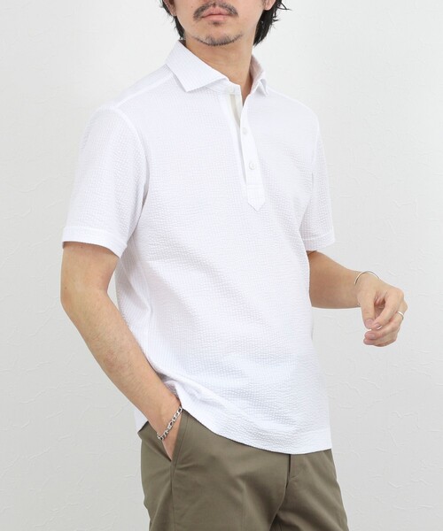 NOLLEY’S（ノーリーズ）の「《ビジカジ対応》サッカーテープポロシャツ / ビズポロ /26SS（ポロシャツ・メンズ・オフホワイト/ブルー系その他/ネイビー・L/M/XL/S）」の2枚目の写真