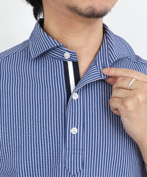 NOLLEY’S（ノーリーズ）の「《ビジカジ対応》サッカーテープポロシャツ / ビズポロ /26SS（ポロシャツ・メンズ・オフホワイト/ブルー系その他/ネイビー・L/M/XL/S）」の5枚目の写真