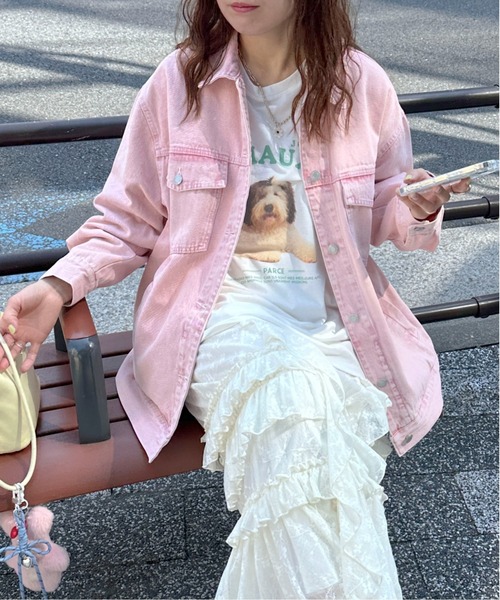 PILIT(ピリット)の「color denim big jacket(デニムジャケット・レディース・ピンク/イエロー・MEDIUM)」の3枚目の写真