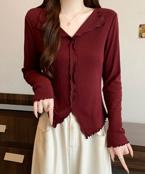 2ly2(トゥーリートゥー)の「フリルカラー メローデザイントップス(Tシャツ/カットソー・レディース・ボルドー/ホワイト/ブラック/グレー・FREE)」の1枚目の写真