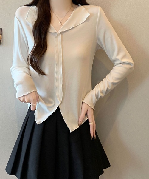 2ly2(トゥーリートゥー)の「フリルカラー メローデザイントップス(Tシャツ/カットソー・レディース・ボルドー/ホワイト/ブラック/グレー・FREE)」の10枚目の写真