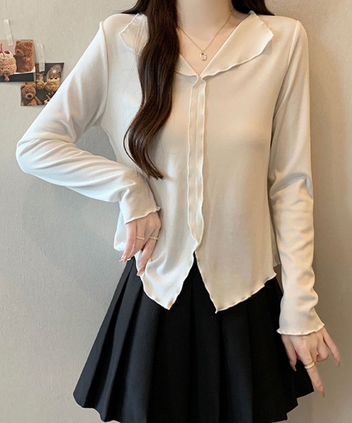 2ly2(トゥーリートゥー)の「フリルカラー メローデザイントップス(Tシャツ/カットソー・レディース・ボルドー/ホワイト/ブラック/グレー・FREE)」の11枚目の写真