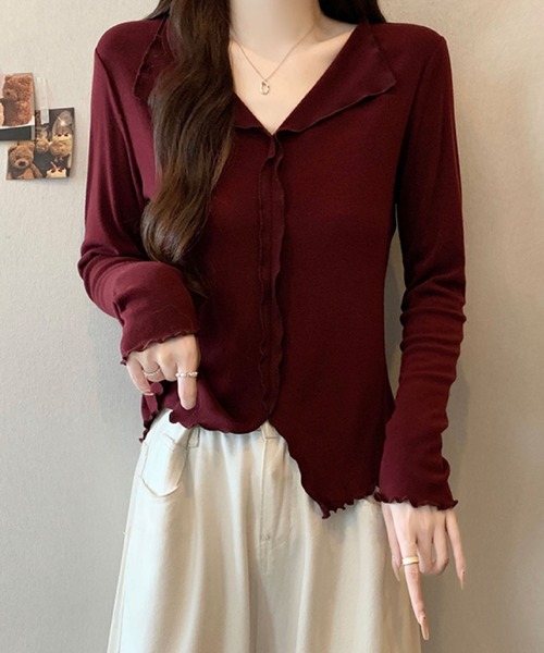 2ly2(トゥーリートゥー)の「フリルカラー メローデザイントップス(Tシャツ/カットソー・レディース・ボルドー/ホワイト/ブラック/グレー・FREE)」の17枚目の写真