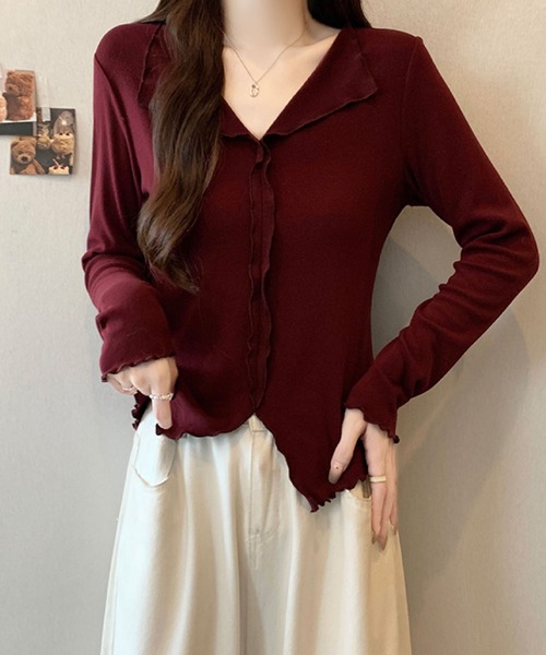 2ly2(トゥーリートゥー)の「フリルカラー メローデザイントップス(Tシャツ/カットソー・レディース・ボルドー/ホワイト/ブラック/グレー・FREE)」の18枚目の写真