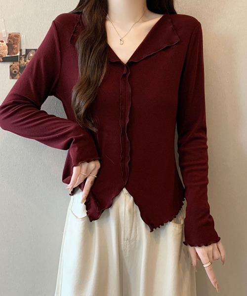 2ly2(トゥーリートゥー)の「フリルカラー メローデザイントップス(Tシャツ/カットソー・レディース・ボルドー/ホワイト/ブラック/グレー・FREE)」の19枚目の写真