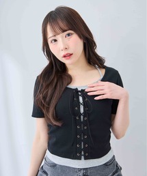 新品未使用　ダク付き　ブラック　レースアップ編み上げデザインTシャツ半袖トップス トップス カットソー 半袖 tシャツ 黒 ブラック リング 紐 レース