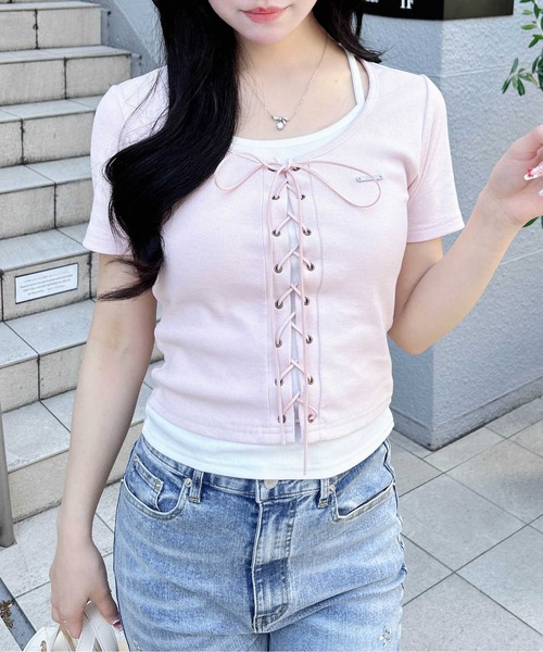 INGNI(イング)の「キャミレイヤード風リブレースアップ半袖トップス(Tシャツ/カットソー・レディース・ブラック系5/ブラック×グレー/ピンク系2/グレー×ピンク・M)」の18枚目の写真