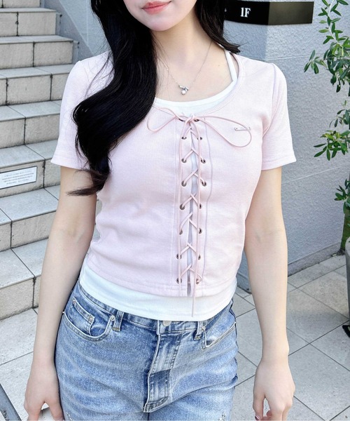 INGNI(イング)の「キャミレイヤード風リブレースアップ半袖トップス(Tシャツ/カットソー・レディース・ブラック系5/ブラック×グレー/ピンク系2/グレー×ピンク・M)」の19枚目の写真