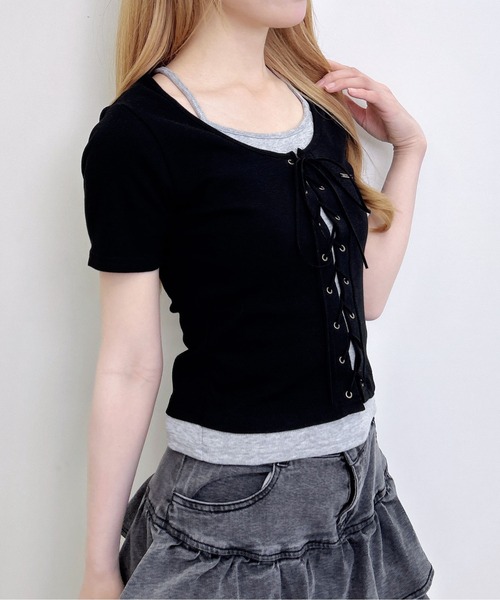 INGNI(イング)の「キャミレイヤード風リブレースアップ半袖トップス(Tシャツ/カットソー・レディース・ブラック系5/ブラック×グレー/ピンク系2/グレー×ピンク・M)」の8枚目の写真