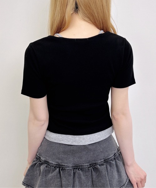 INGNI(イング)の「キャミレイヤード風リブレースアップ半袖トップス(Tシャツ/カットソー・レディース・ブラック系5/ブラック×グレー/ピンク系2/グレー×ピンク・M)」の9枚目の写真