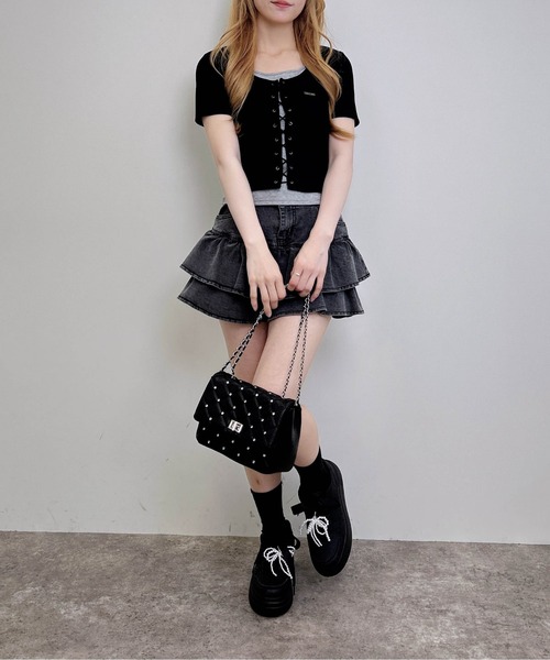 INGNI(イング)の「キャミレイヤード風リブレースアップ半袖トップス(Tシャツ/カットソー・レディース・ブラック系5/ブラック×グレー/ピンク系2/グレー×ピンク・M)」の10枚目の写真
