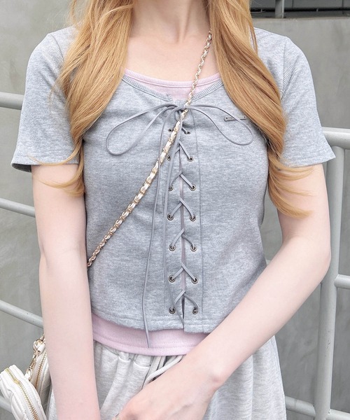 INGNI(イング)の「キャミレイヤード風リブレースアップ半袖トップス(Tシャツ/カットソー・レディース・ブラック系5/ブラック×グレー/ピンク系2/グレー×ピンク・M)」の13枚目の写真