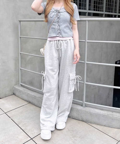 INGNI(イング)の「キャミレイヤード風リブレースアップ半袖トップス(Tシャツ/カットソー・レディース・ブラック系5/ブラック×グレー/ピンク系2/グレー×ピンク・M)」の16枚目の写真