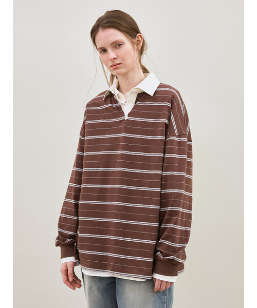 le（ル）の「stripe collared T-shirt (brown)（ポロシャツ・レディース・その他・FREE）」の2枚目の写真